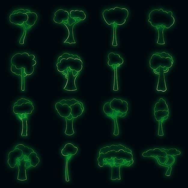 Green trees icons set vector neon