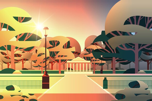 Vector green trees in public summer city park sunset landscape background horizontal