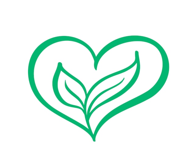 Green vector icon heart shape and two leaves Can be used for eco vegan herbal healthcare or nature