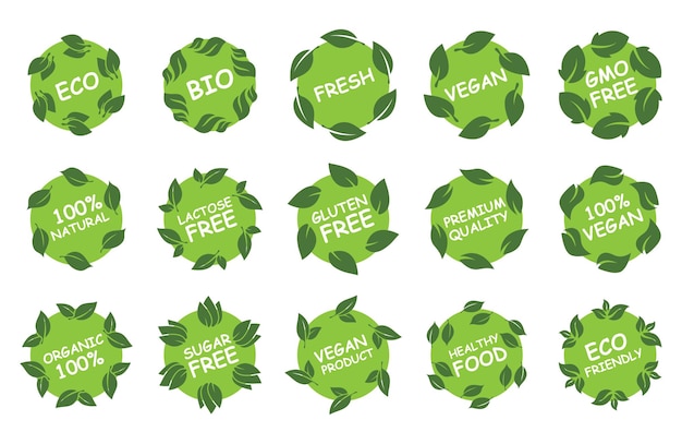 Green vector labels with leaves Stikers for food package Labels Vegan food Organic Eco Fresh