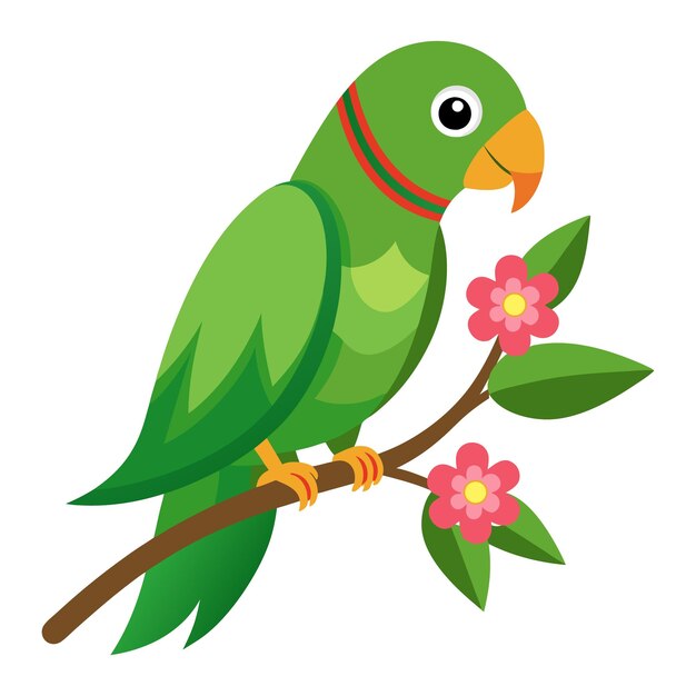 A Green vector Parrot Sitting On Branch With Flower Clean white background