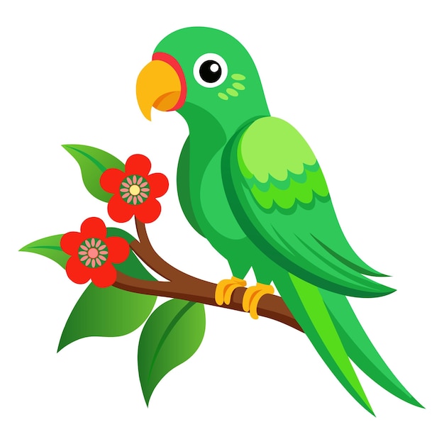 Vector a green vector parrot sitting on branch with flower clean white background