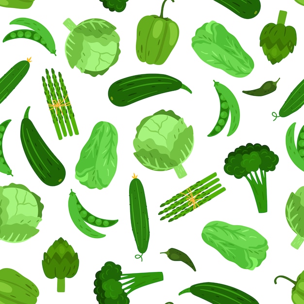 Green vegetables seamless pattern. Cabbage broccoli and cucumber