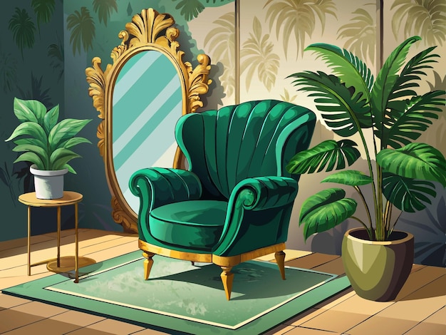 Vector green velvet armchair in a luxurious living room