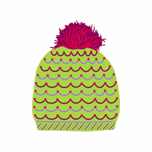 Green and violet winter hat with a pattern and pompon New Year's headdress made of wool