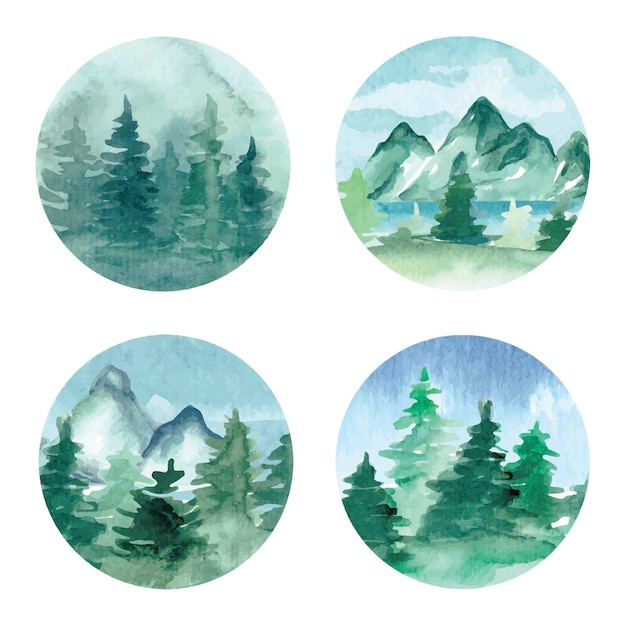 Green watercolor forest in a round frame Vector set