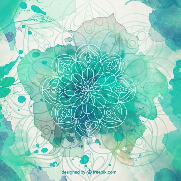 Green watercolor splashes mandala background