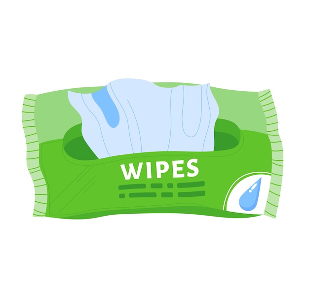 Vector green wet wipes packaging with blue cloth showing hygiene and cleaning products vector illustration