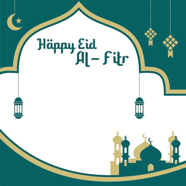 A green and white card with a blue background that says happy eid al - fitr.