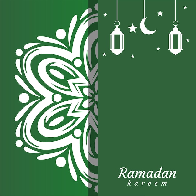 A green and white card with a green background and a white pattern with the words ramadan.