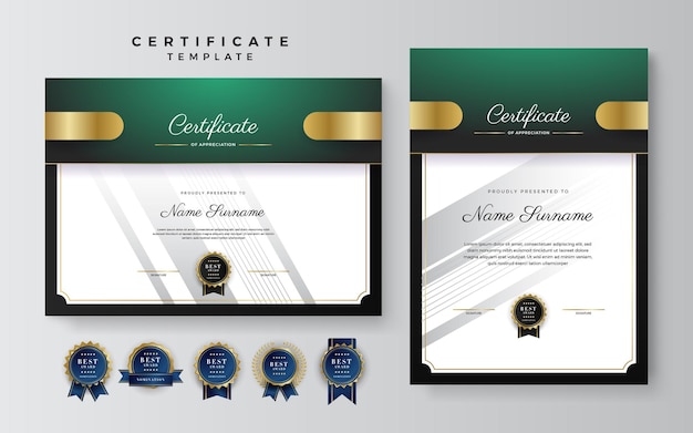 Green and white certificate of achievement border template with luxury badge and modern line pattern For award business and education needs