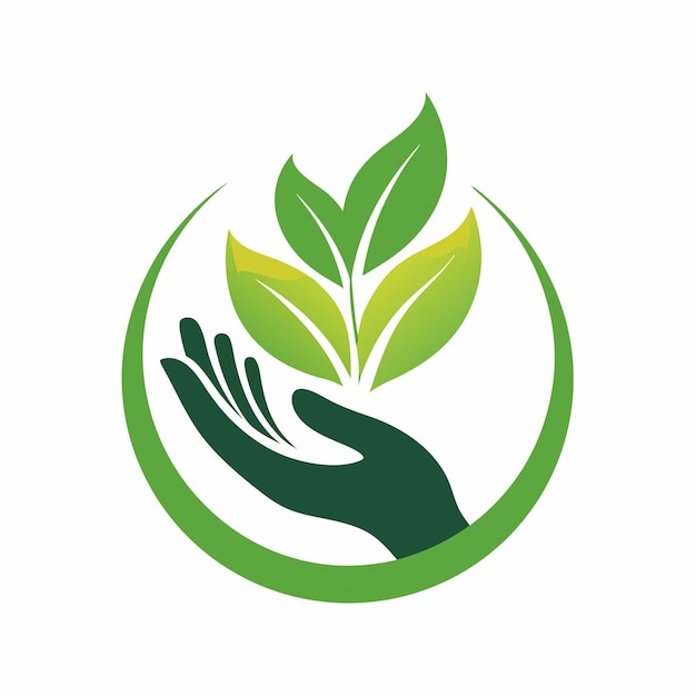 a green and white logo of a persons hand with leaves and a green circle