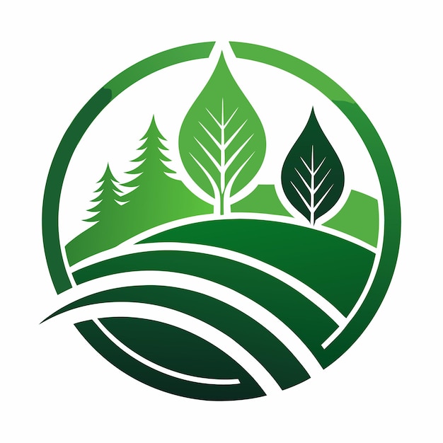 a green and white logo of trees and grass