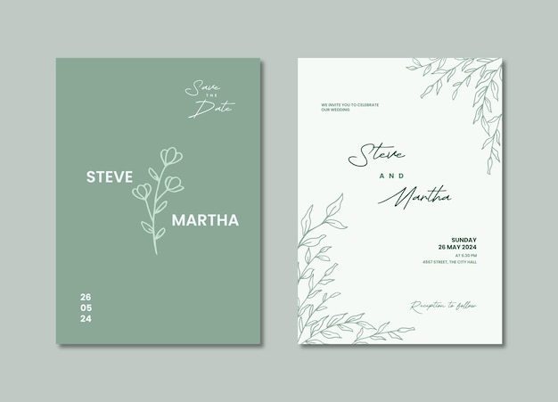 Vector a green and white minimalist wedding invitation with floral decoration