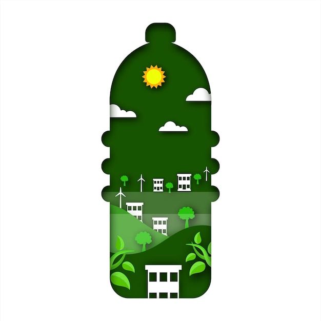 Green And White Paper Cut Bottle Shape Background With Buildings Windmills Trees Clouds And Sunshine