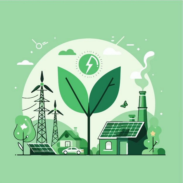 a green and white picture of a solar power plant and a solar power tower