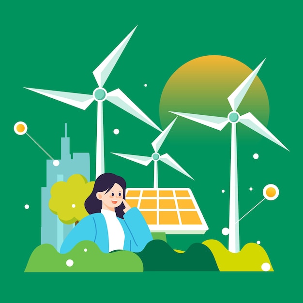 Green wind power generation with windmills and city in the background ecofriendly life vector