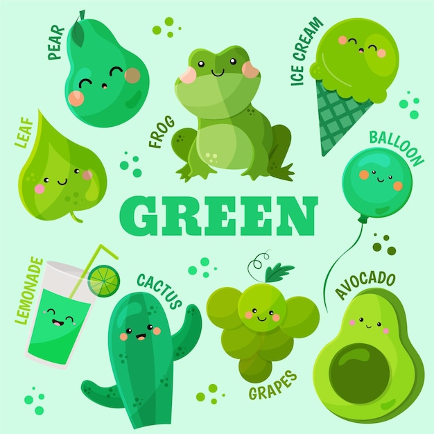 Green word and elements set in english