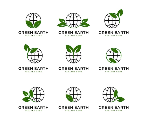 Green world logo design with tree leaf globe vector icon design template