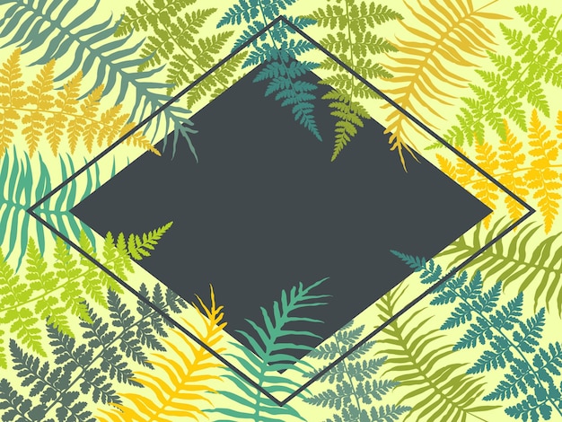 Green, yellow and blue tropical forest plant leaves decorative background. Detailed bracken herbs