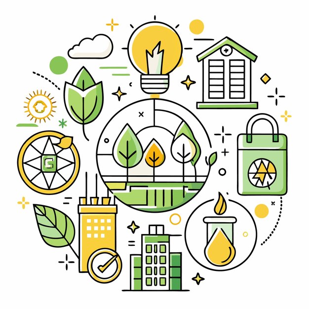 Vector green and yellow business illustration with a light bulb buildings a bag and leaves