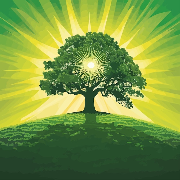 Vector a green and yellow picture of a tree with the sun shining behind it