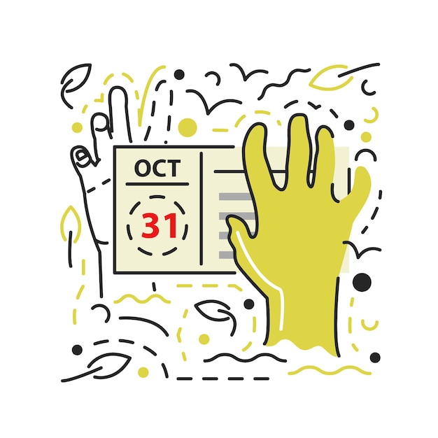 Green zombie hand with calendar and leaves Halloween holiday arms appearing from tomb at cemetery