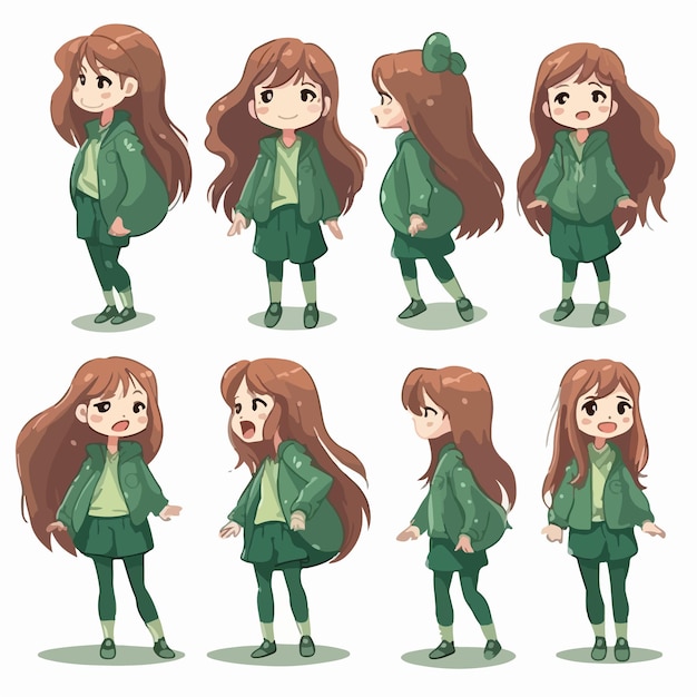 Greenclothed little girl vector illustration multipose