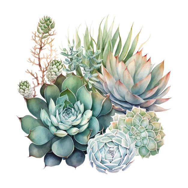 Greenery and succulent romantic bouquets invite or greeting card element set