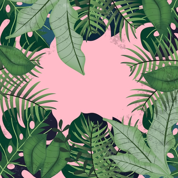 Greenery tropical leaves on pink background