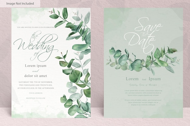 greenery watercolor wedding invitation template with hand drawn eucalyptus