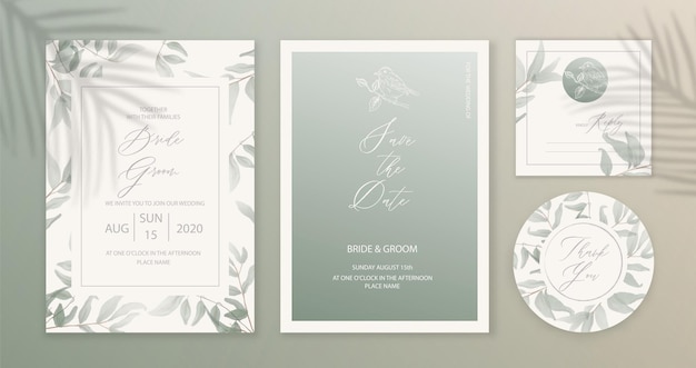 Greenery wedding invitation card background with green watercolo