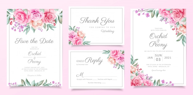 Greenery wedding invitation card template set of floral arrangements border