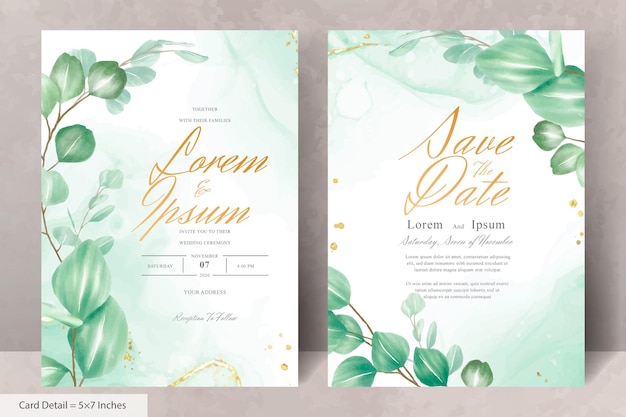 Greenery Wedding Invitation Card Template with Eucalyptus Leaves