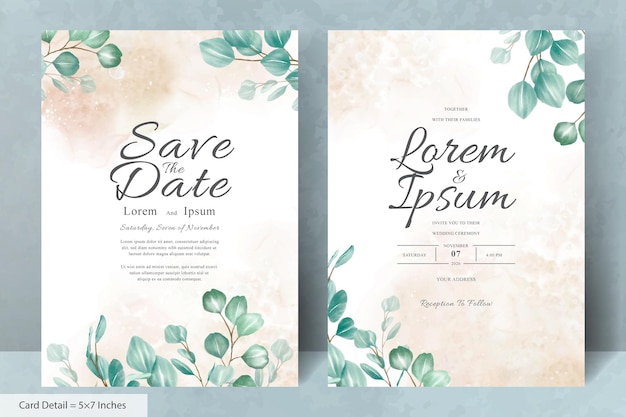 Greenery Wedding Invitation Card Template with Eucalyptus Leaves