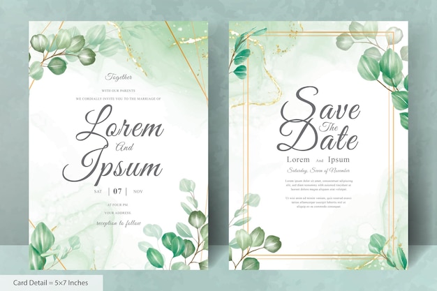 Greenery Wedding Invitation Card Template with Eucalyptus Leaves