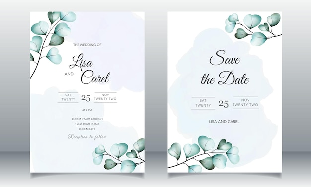 Greenery wedding invitation card template with hand drawn eucalyptus