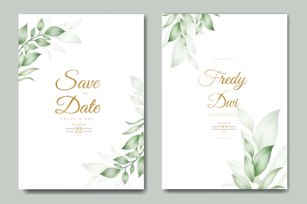 greenery wedding invitation card with leaves watercolor set