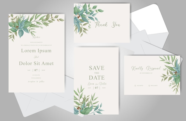 Greenery Wedding Invitation Cards Set Template