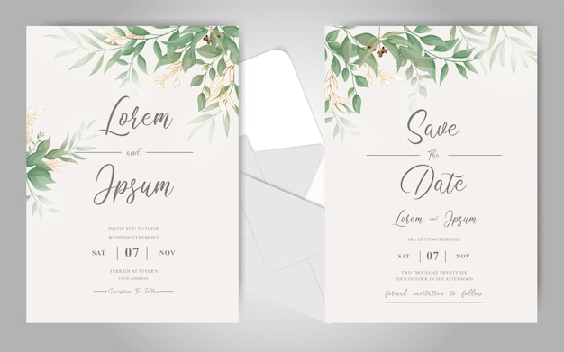 Greenery Wedding Invitation Cards Set Template