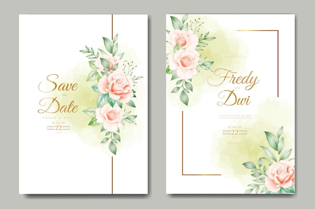 greenery wedding invitation template set with leaves watercolor