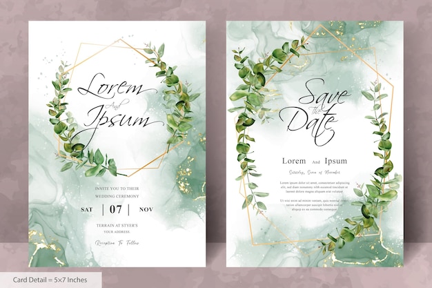 Greenery wedding invitation template with geometric and hand drawn eucalyptus