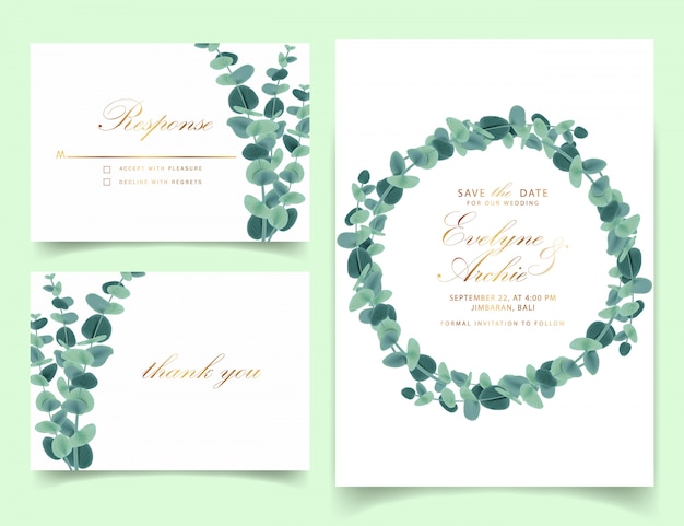 Greenery wedding invitation with eucalyptus leaves