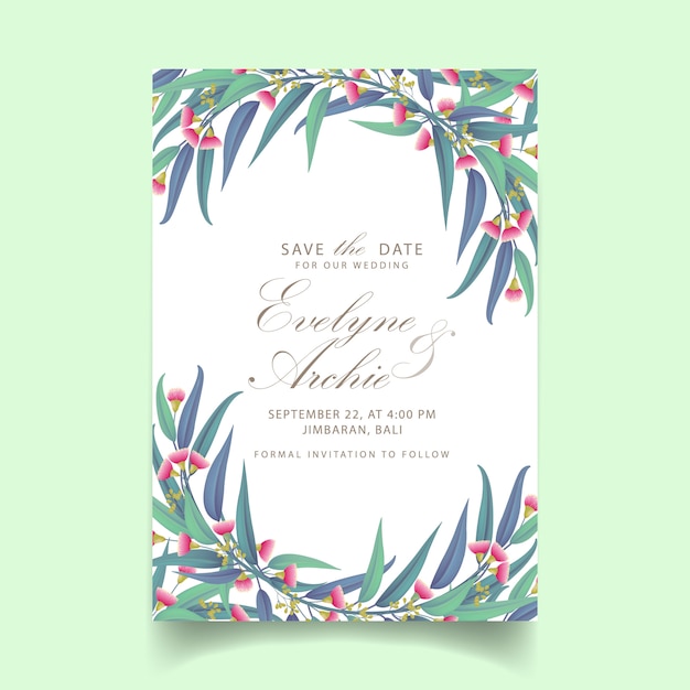 greenery wedding invitation with flower eucalyptus