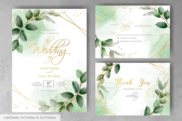 Vector greenery wedding invitation with hand drawn leaves and watercolor splash background