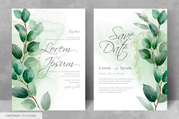 Greenery Wedding invitation with Hand drawn leaves and watercolor splash background