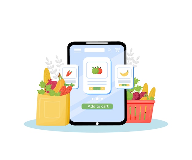 Greengrocery online ordering flat concept illustration. Vegetables and fruits store, fresh organic produce delivery service. Internet grocery mobile application creative idea