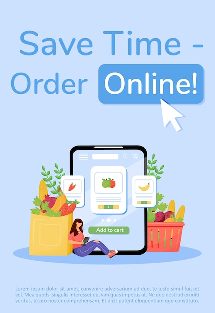 Greengrocery ordering poster flat template. Fruits and vegetables delivery brochure, booklet one page concept design with cartoon characters. Online food mobile app service flyer, leaflet