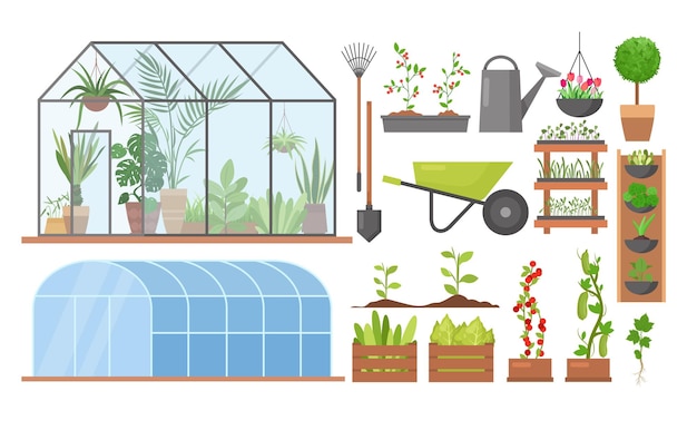 Greenhouse eco farm agriculture set cartoon glass green house garden collection