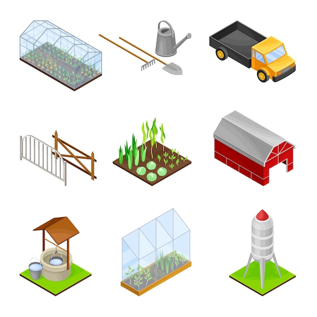 Greenhouse Truck and Barn as Agricultural and Farming Industry Vector Isometric Set